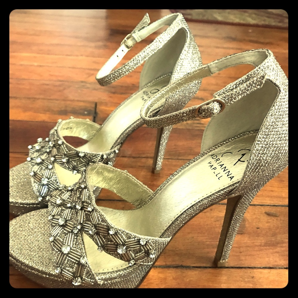 Adrianna Papell Gold Beaded Glitter Evening Shoes.